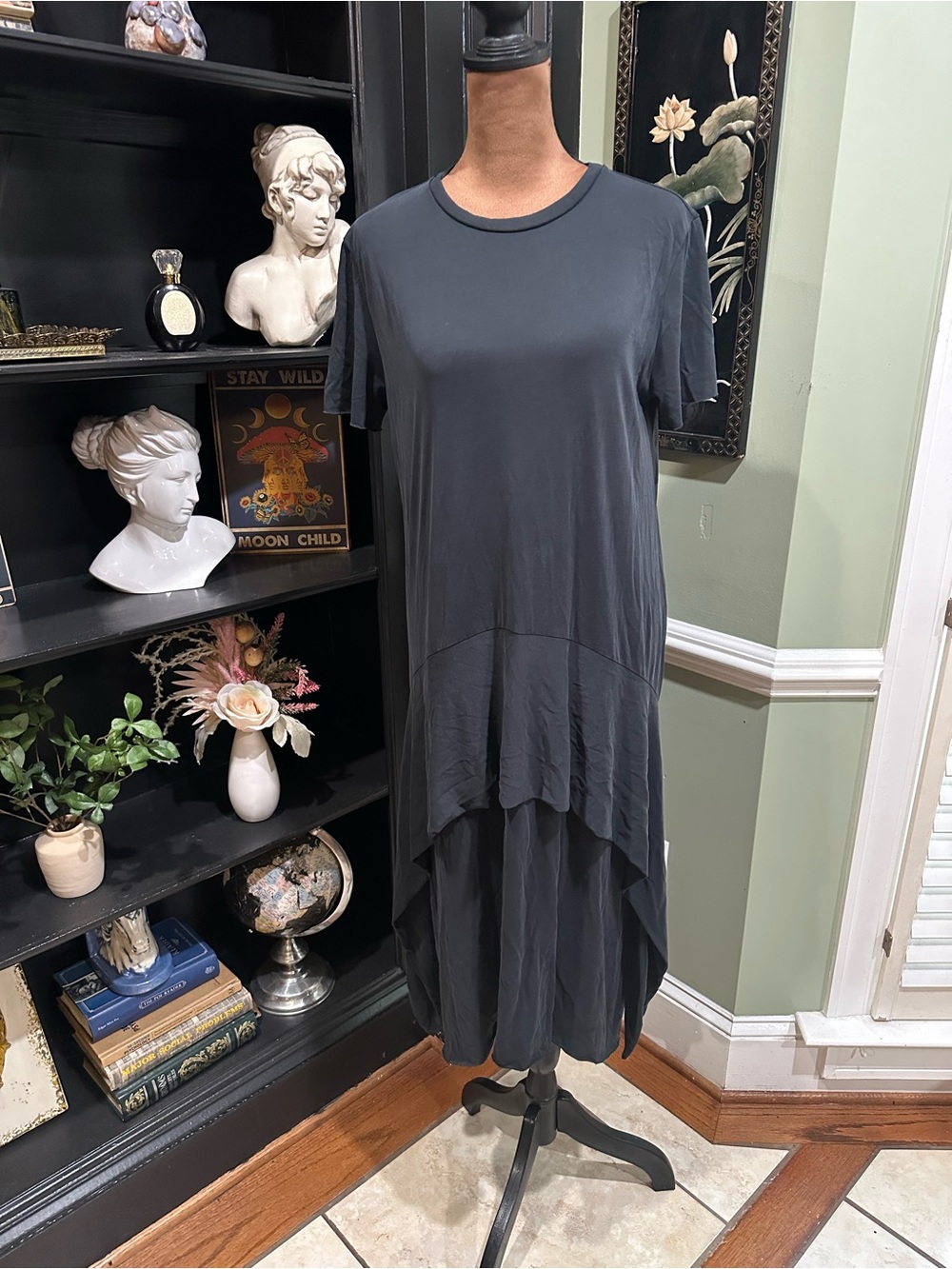 COA Black Boho Wearable‑Art Tunic Dress with Layered Skirt Size Small